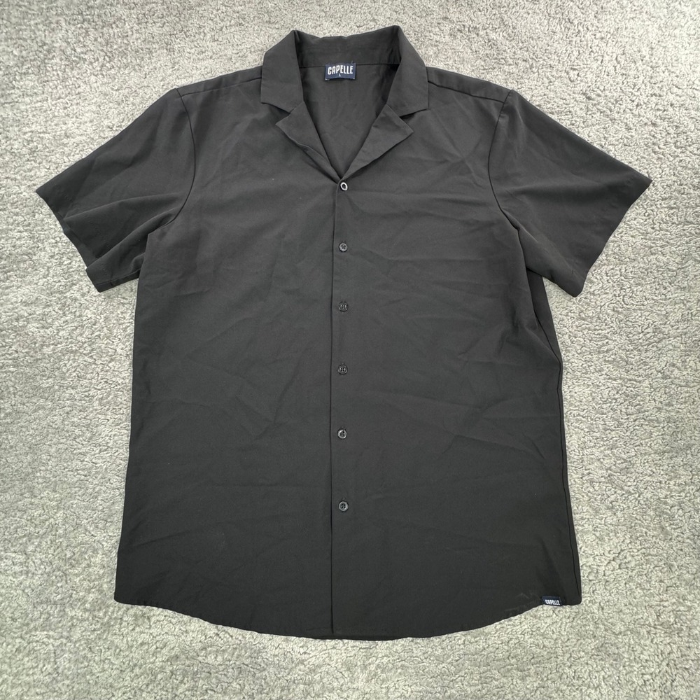 Capelle Mens Large Black Short Sleeve Camp Collar Button Up Shirt Stretch